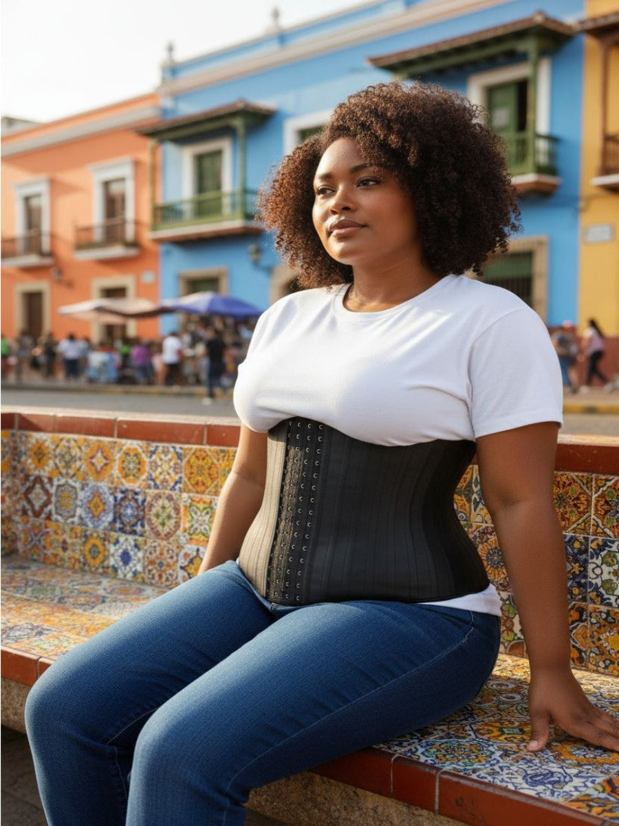 Woman wearing a black waist trainer in front of colorful buildings
